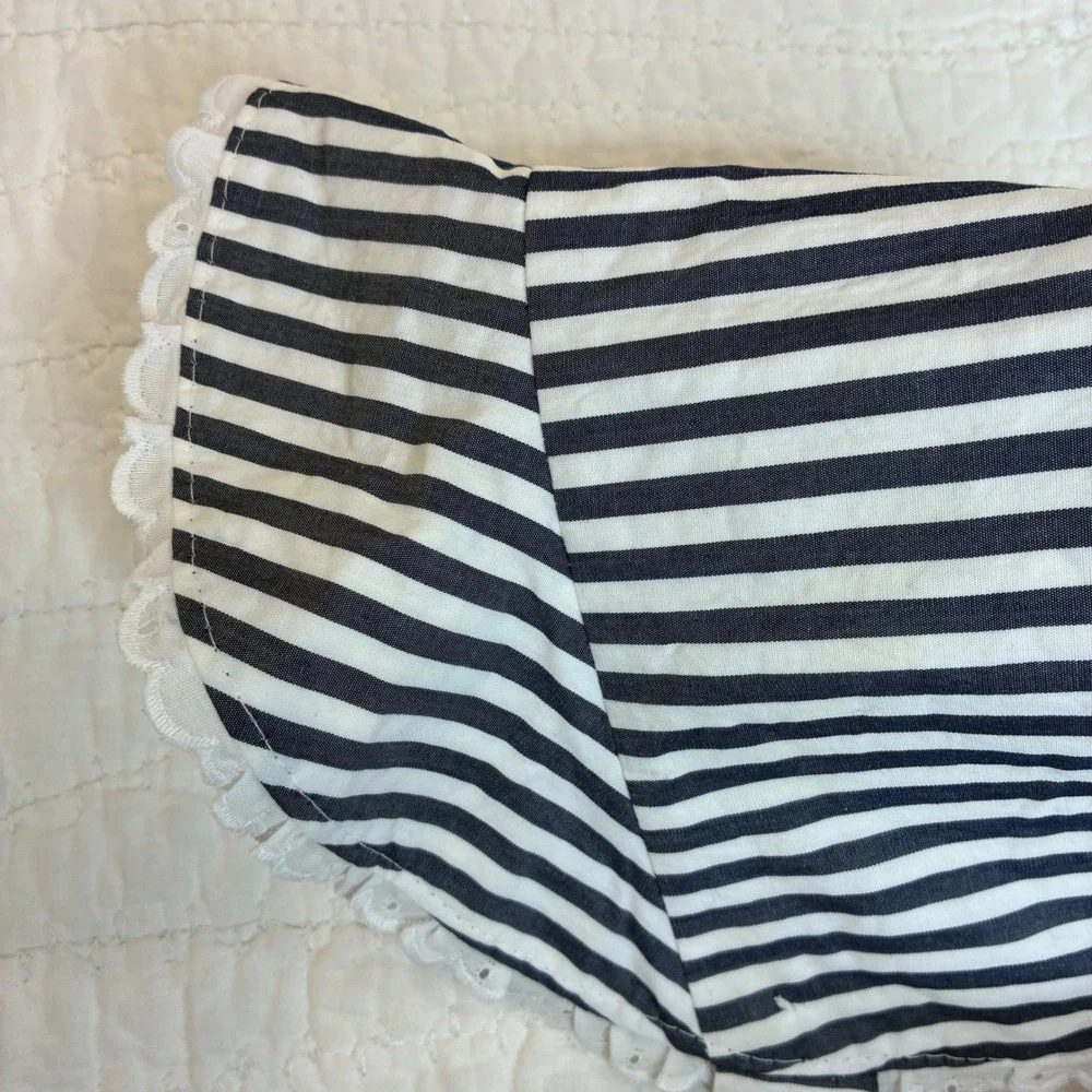 The Beaufort Bonnet Co Navy White Stripe Eyelet Trim Bonnet Small Adjustable